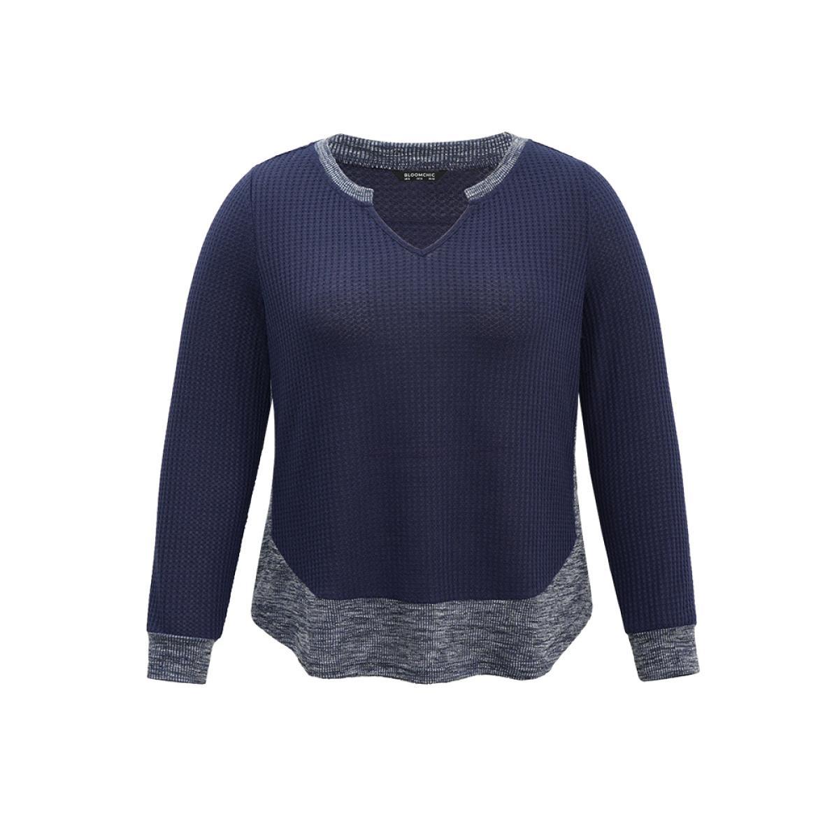 Plus Size Waffle Knit Two Tone Notched Patchwork T-shirt Navy Women Casual Waffle Knit Plain Notched collar Dailywear T-shirts BloomChic 26/4X Product Image