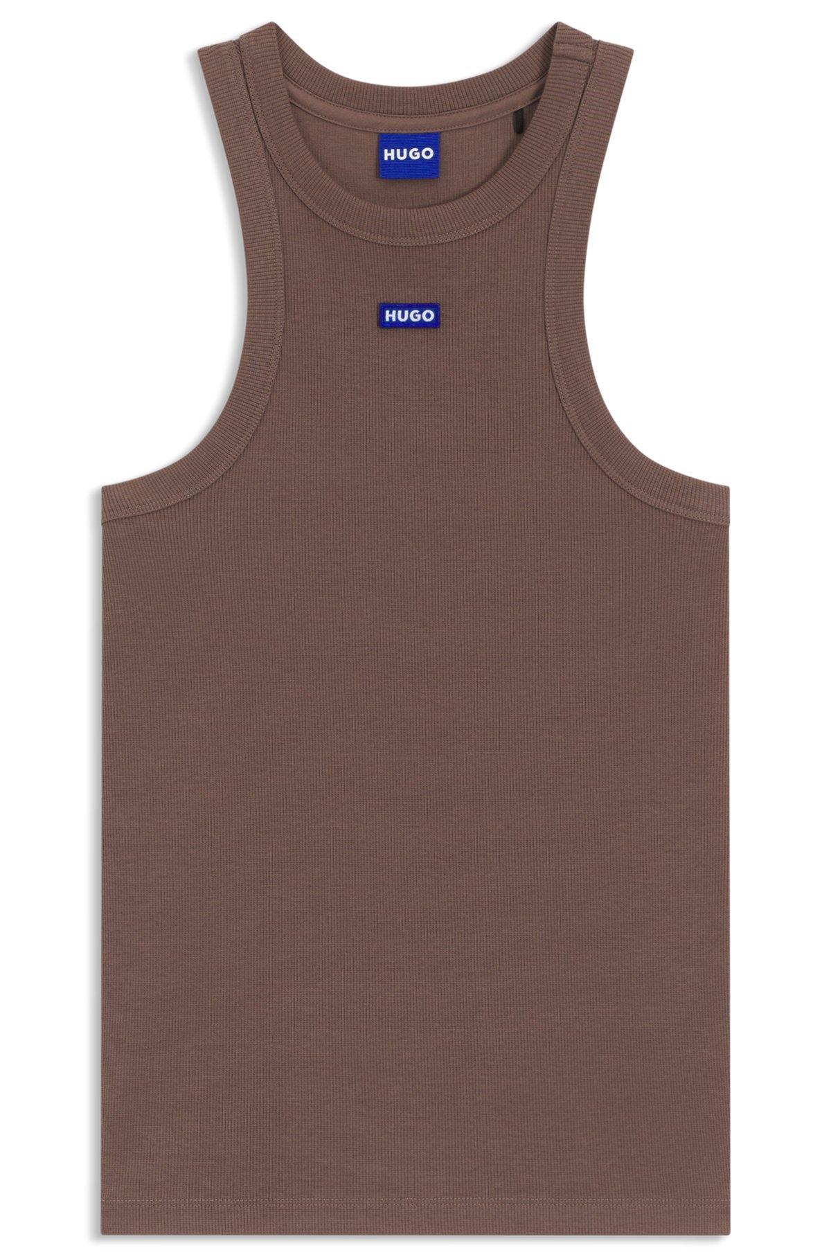 HUGO - Slim-fit stretch-cotton top with blue logo badge - Brown Product Image