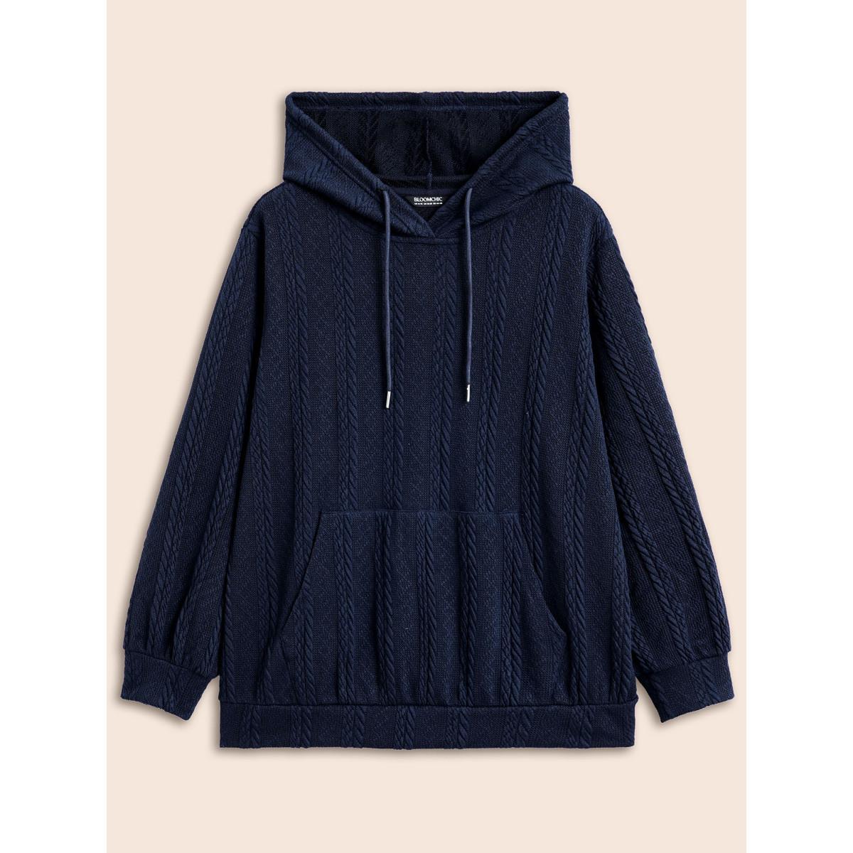 Plus Size Solid Cable Knit Hooded Drawstring Sweatshirt Women DarkBlue Casual Texture Hooded Everyday Sweatshirts BloomChic 26/4X Product Image