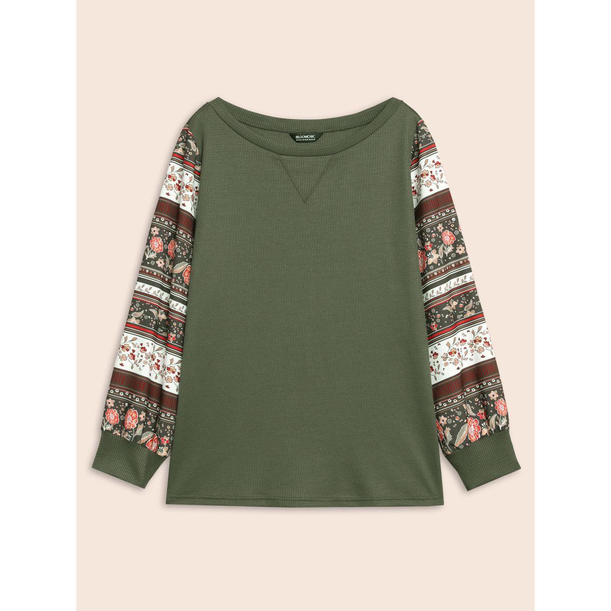Plus Size Boho Print Patchwork Crew Neck Sweatshirt Women ArmyGreen Casual Elastic cuffs Round Neck Everyday Sweatshirts BloomChic 18-20/2X Product Image