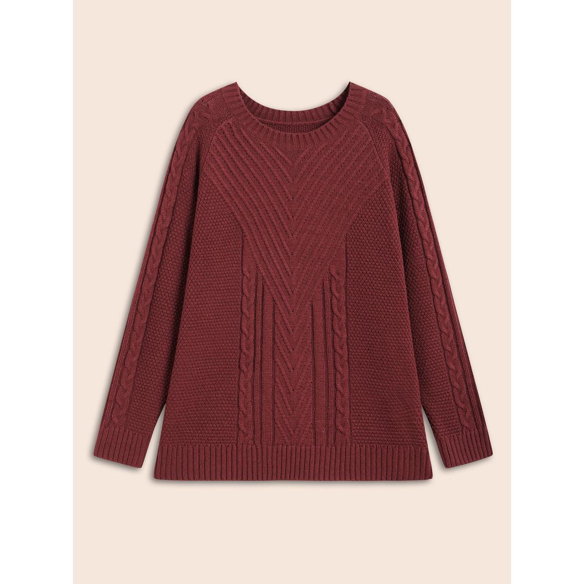 Plus Size Texture Cable Knit Raglan Sleeve Pullover Scarlet Women Casual Loose Long Sleeve Round Neck Everyday Pullovers BloomChic 30/6X Product Image
