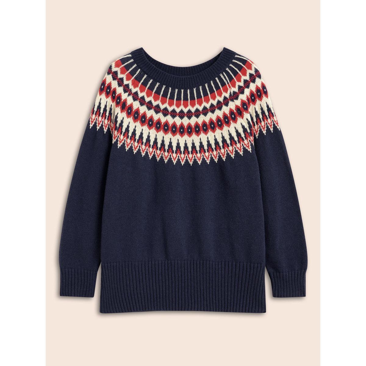 Plus Size Fair Isle Pull Over Crew Neck Pullover Navy Women Casual Long Sleeve Round Neck Everyday Pullovers BloomChic 10/M Product Image