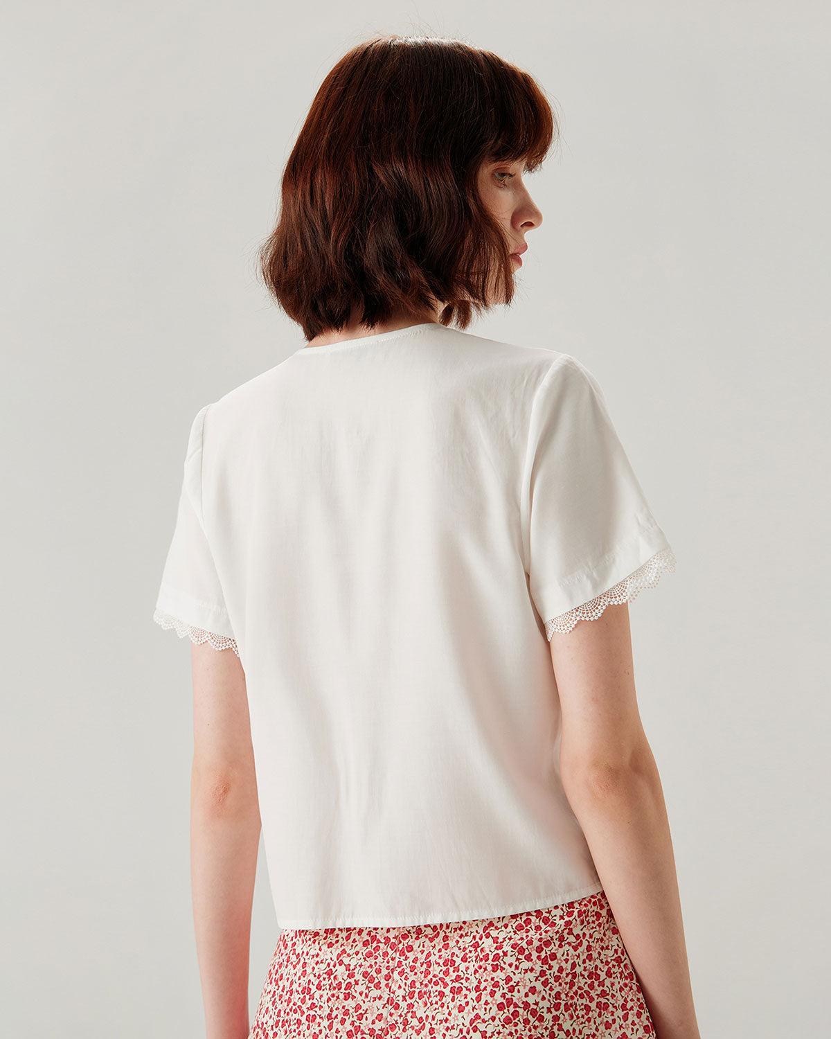 White Lace V-neck Blouse Product Image
