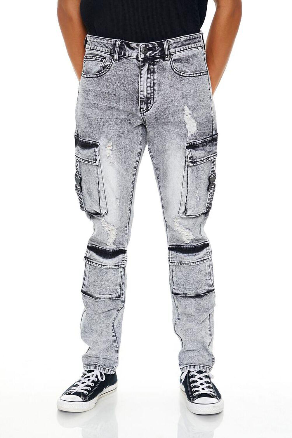 Acid Wash Slim-Fit Cargo Jeans | Forever 21 Product Image