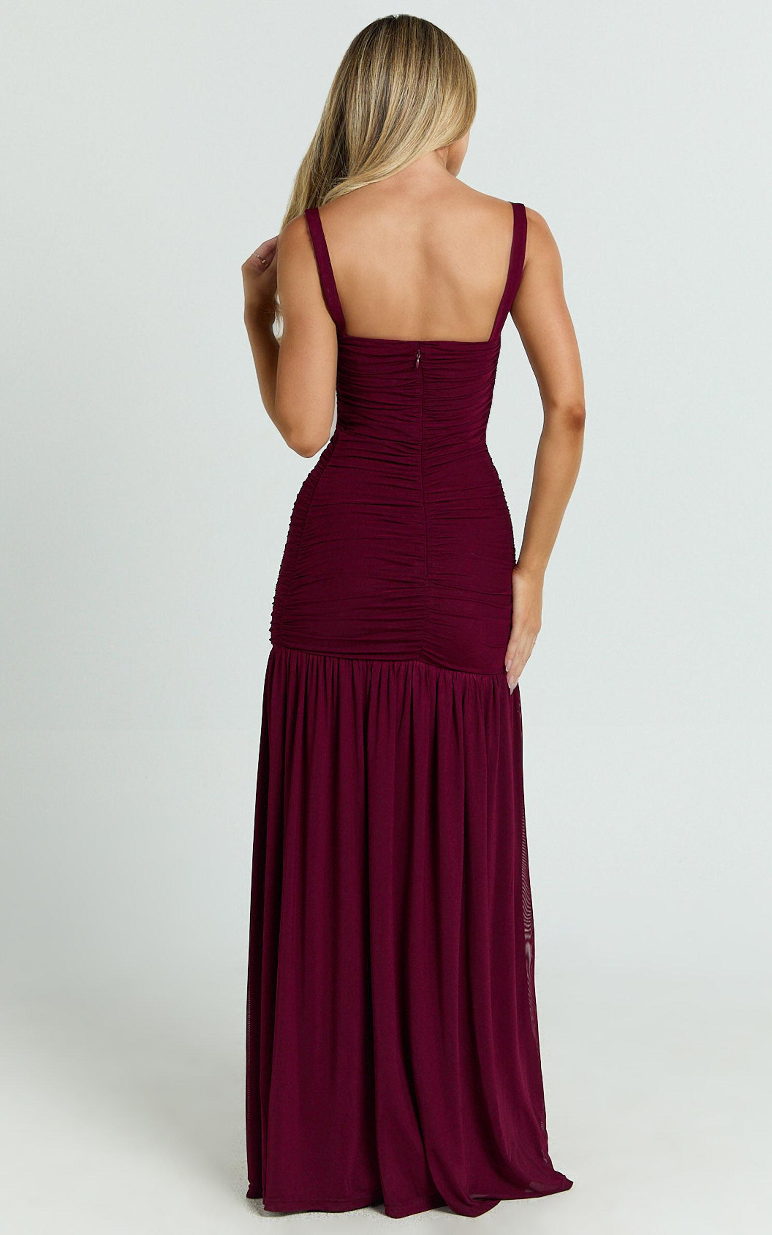 Cardi Maxi Dress - Ruched Mesh High Leg Split Dress in Wine Product Image