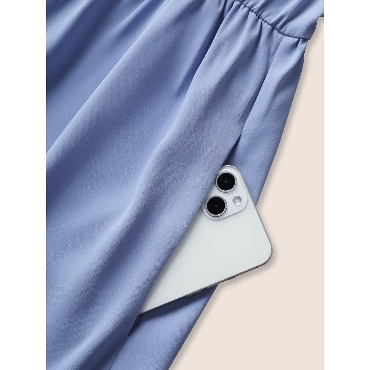 Plus Size Plain Pleated Button Detail Cap Sleeve Dress Stone Women At the Office Tucked seam Flat collar with V-notch Cap Sleeve Curvy BloomChic 14-16/1X Product Image