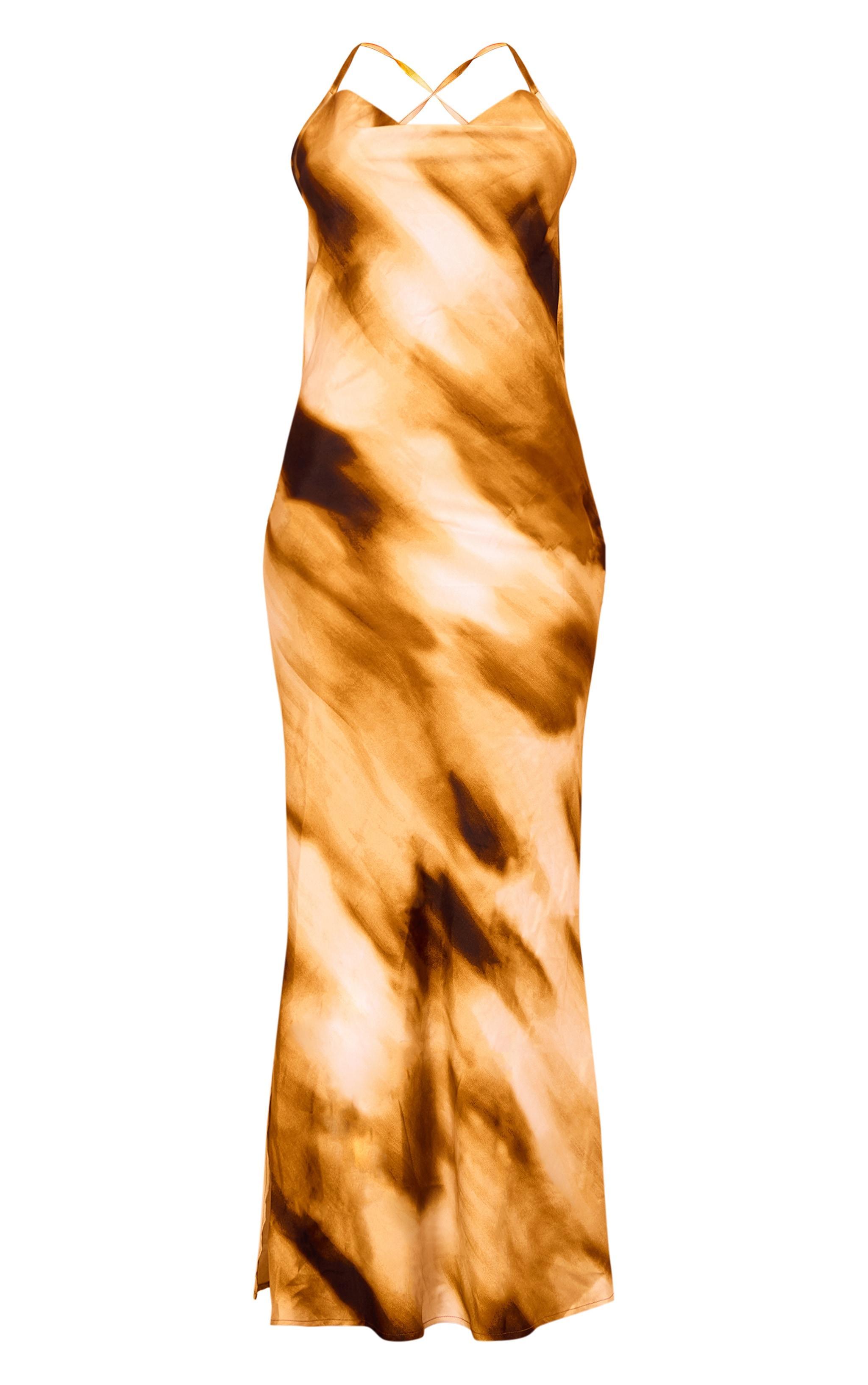 Yellow Blurred Print Satin Cowl Neck Maxi Dress Product Image