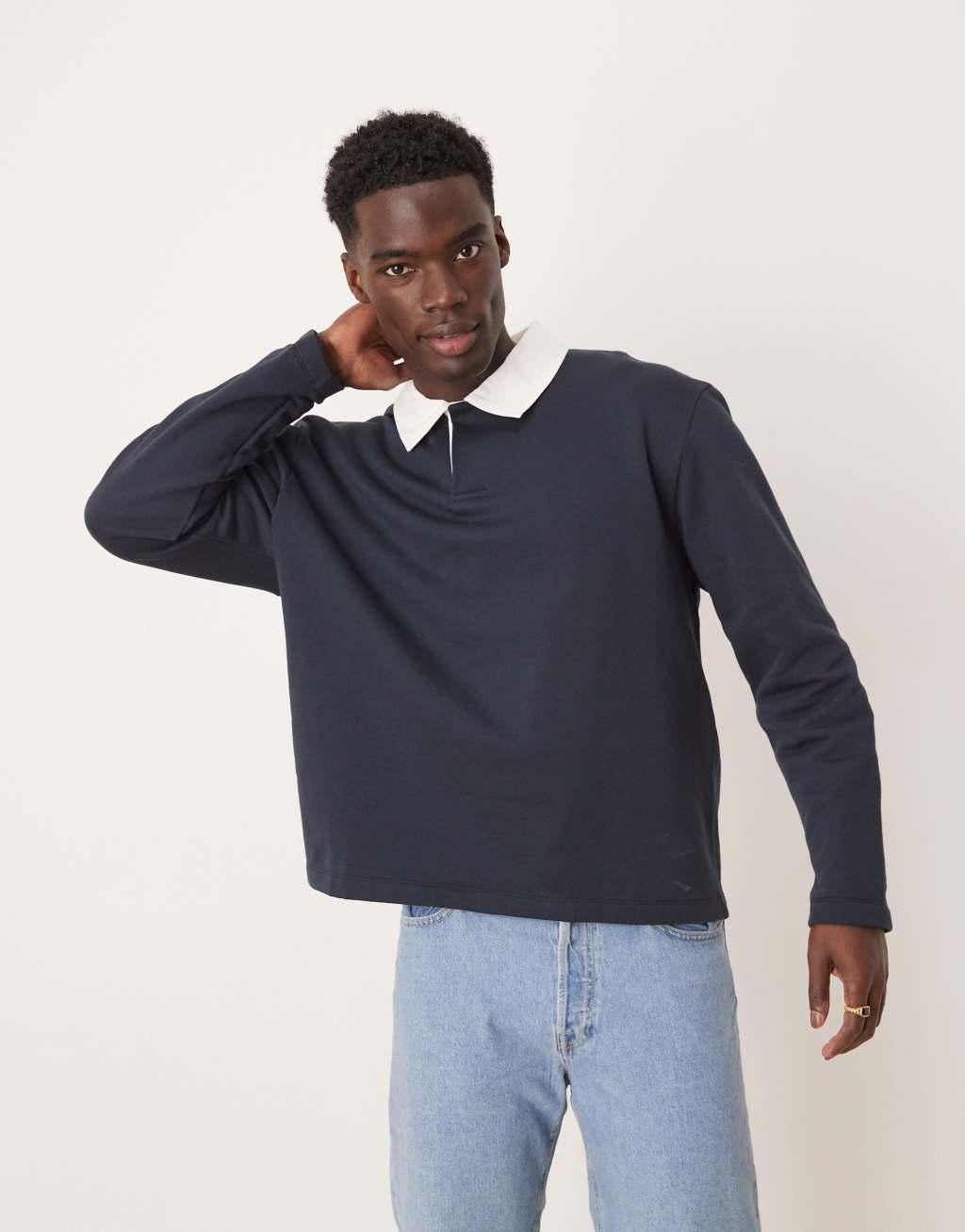 ASOS DESIGN oversized polo sweatshirt with contrast collar in navy Product Image