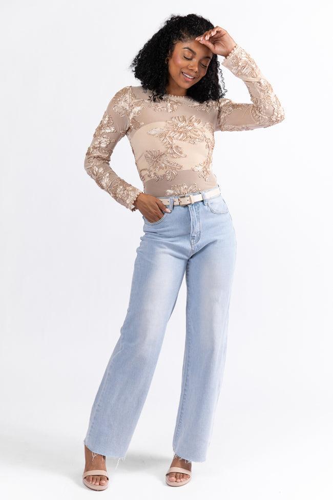 My Two Cents Champagne Floral Applique Mesh Top FINAL SALE Product Image