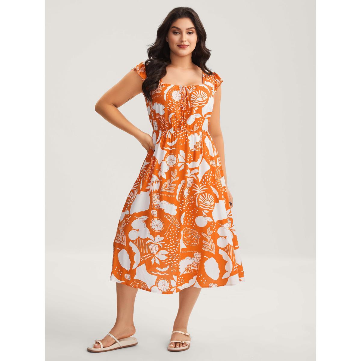 Plus Size Rayon Fruity Floral Neck Tie Midi Dress Coral Women Square Neck Cap Sleeve Curvy BloomChic 14-16/1X Product Image