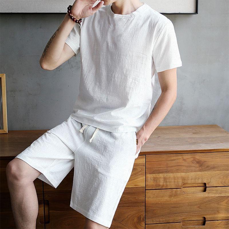 Set: Short-Sleeve Round Neck Plain T-Shirt + Drawstring Waist Shorts Product Image