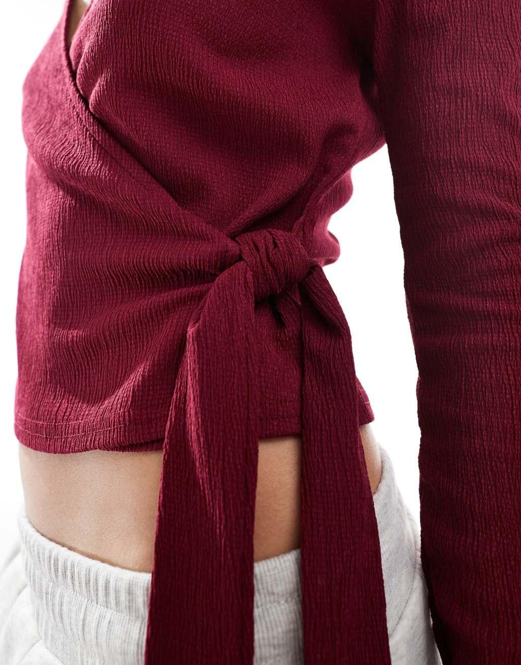 Miss Selfridge wrap top in burgundy Product Image