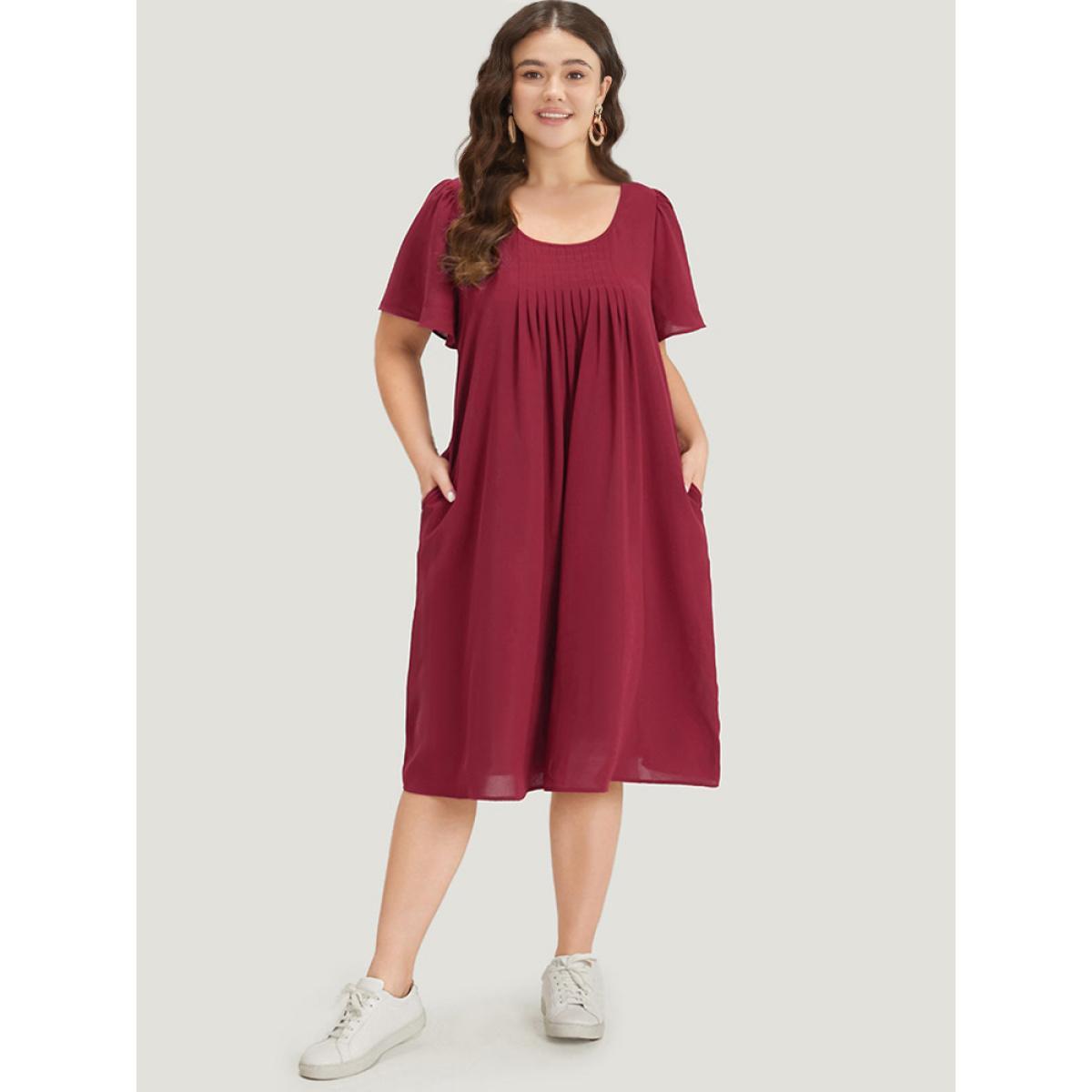 Plus Size Plain Plicated Detail Round Neck Ruffle Sleeve Dress Scarlet Women Casual Plain Round Neck Short sleeve Curvy Midi Dress BloomChic 10/M Product Image