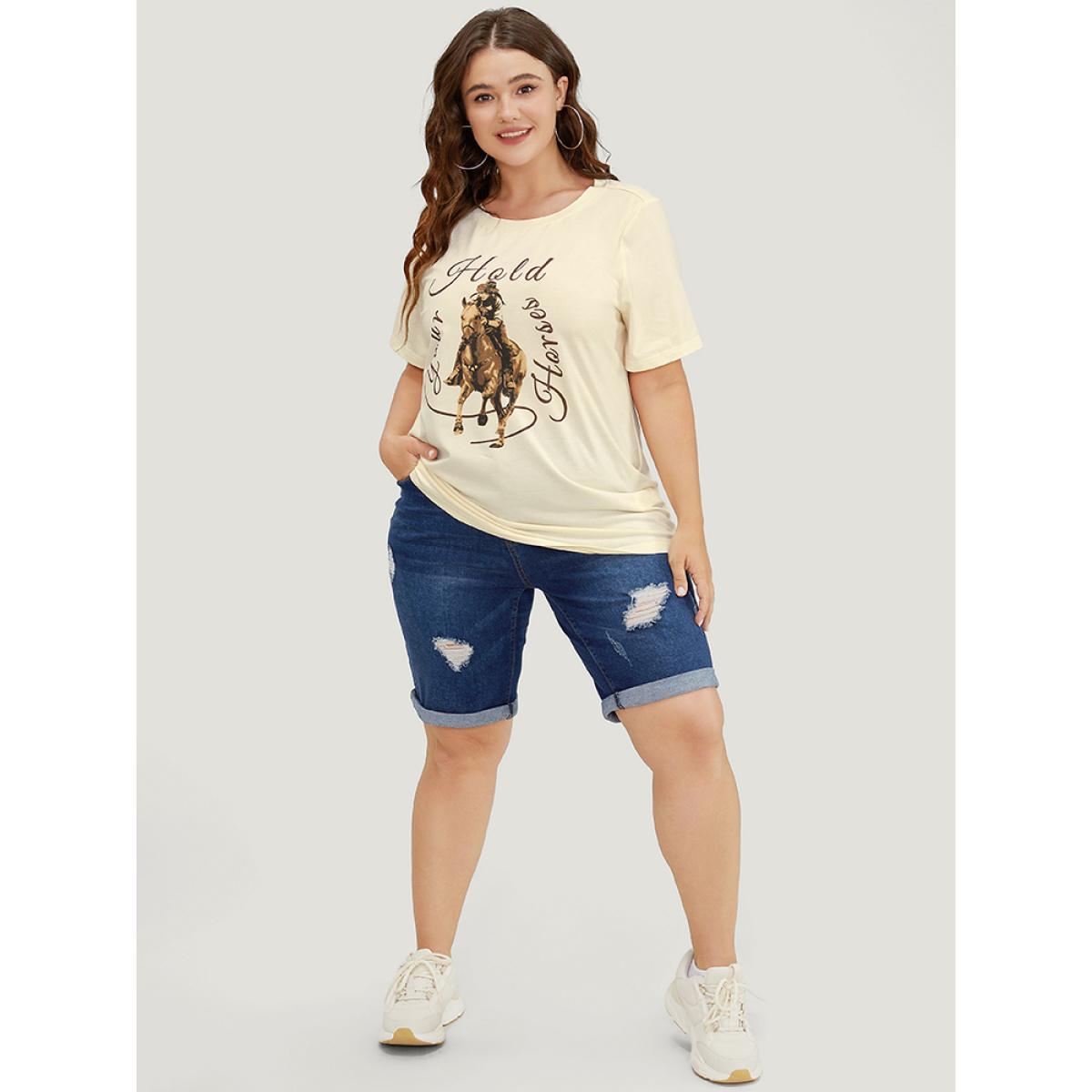 Plus Size Horse & Letter Print Round Neck Graphic Tee Apricot Women Casual Western Dailywear T-shirts BloomChic 14-16/1X Product Image