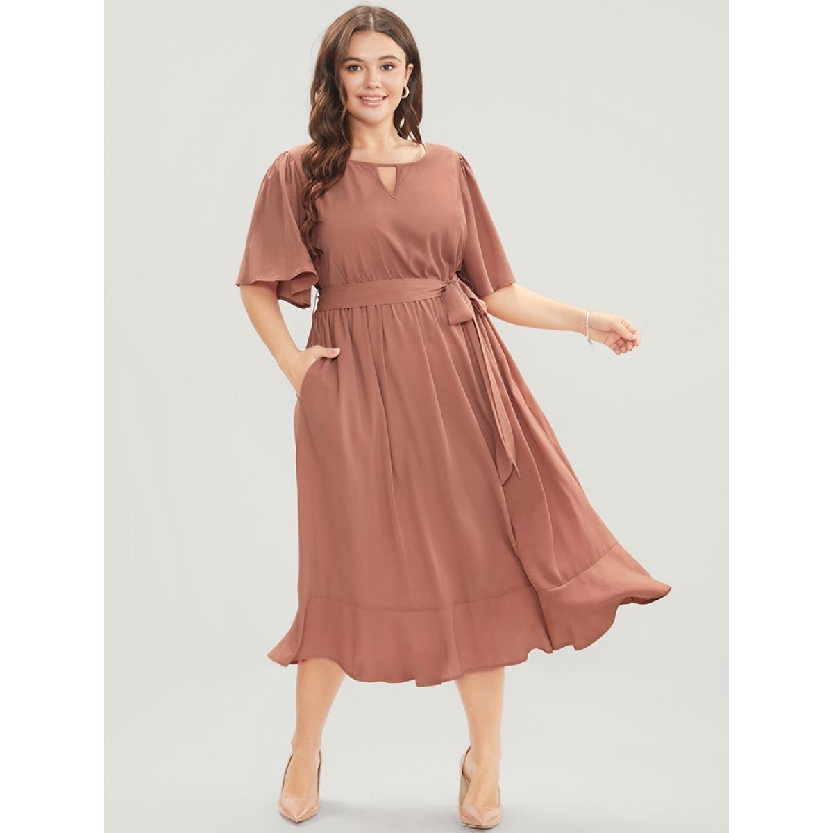 Plus Size Solid Keyhole Round Neck Pocket Belted Flutter Dress Salmon Women Office Belted Round Neck Half Sleeve Curvy Midi Dress BloomChic 12/L Product Image