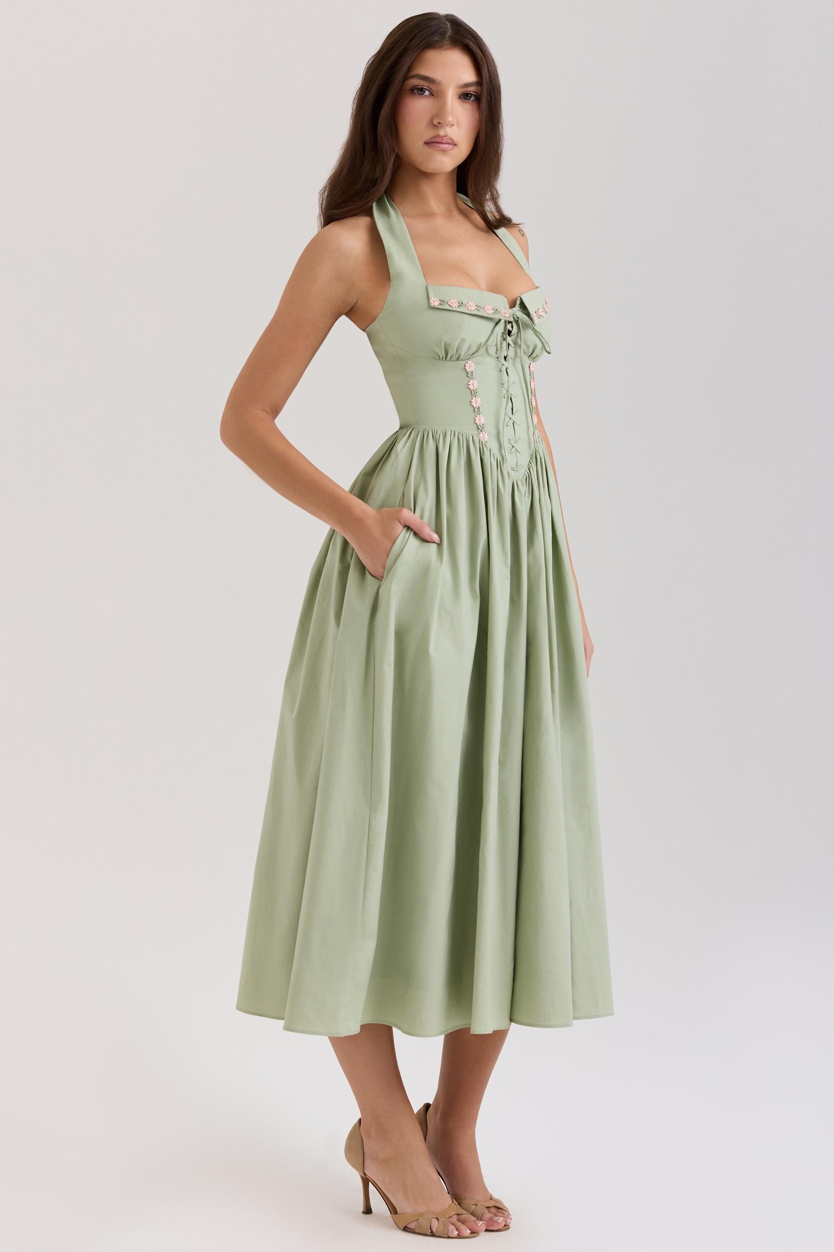 Emilia  sage stretch cotton halter neck midi dress Product Image
