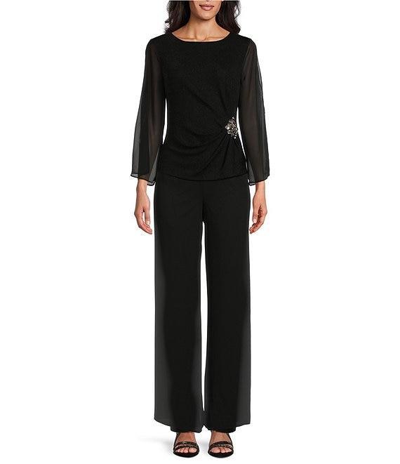 Alex Evenings Sheer 3/4 cold Shoulder Sleeve Crew Neck Metallic Knit Beaded Detail Blouse Product Image