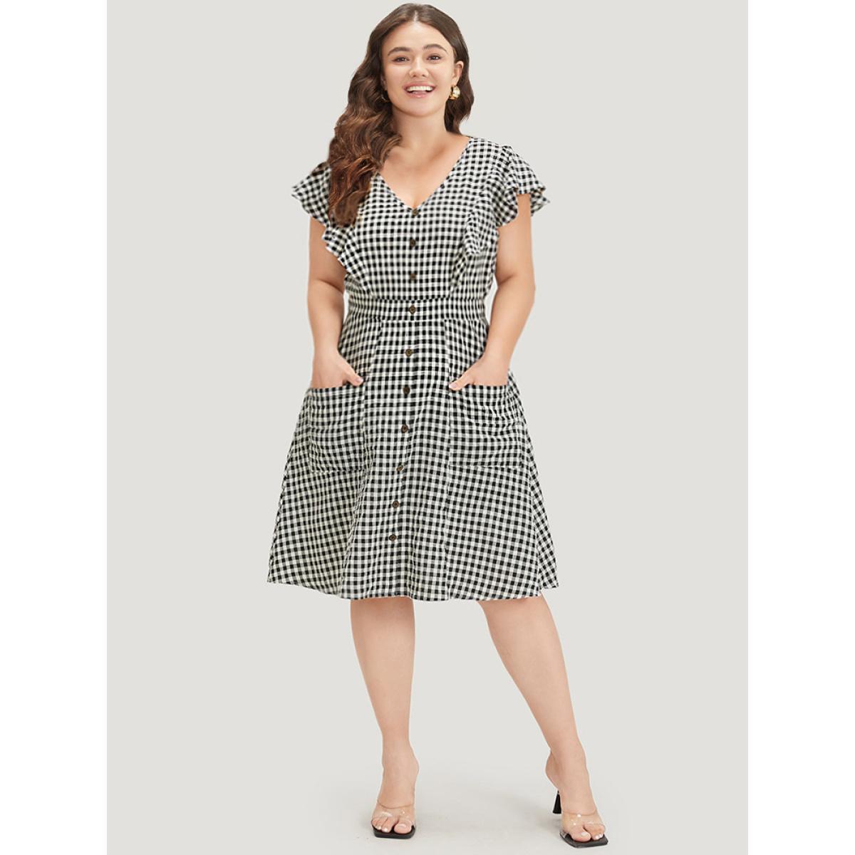 Plus Size Gingham Button Detail Pocket Ruffle Cap Sleeve Dress Black Women Elegant Button V-neck Cap Sleeve Curvy Knee Dress BloomChic 12/L Product Image