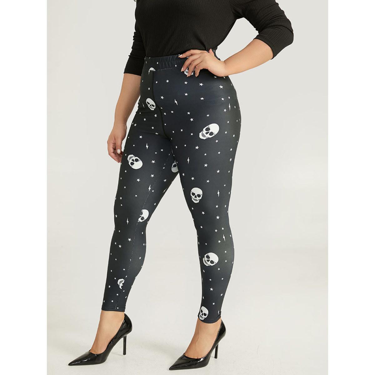 Plus Size Halloween Skull & Star Print Elastic Waist Leggings Women Black Elegant High stretch Skinny High Rise Festival-Halloween Leggings BloomChic 26/4X Product Image