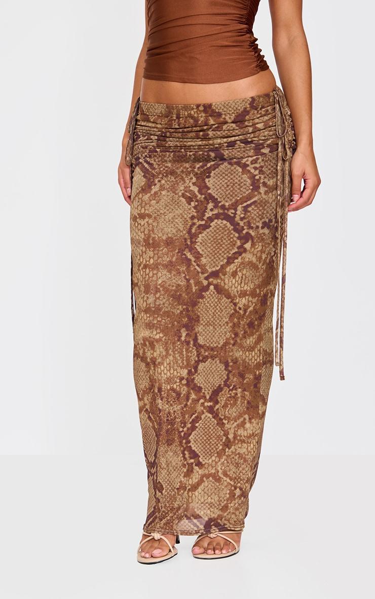 Brown Snake Print Ruched Side Maxi Skirt Product Image