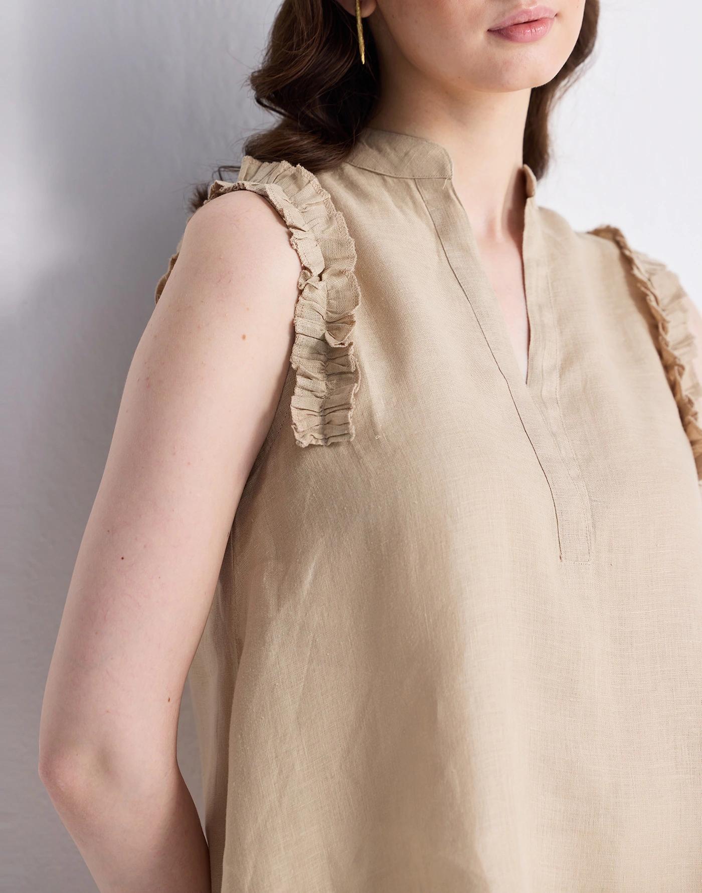 Reistor® Sleeveless 100% Hemp Top with Ruffles in Neutral Beige Product Image