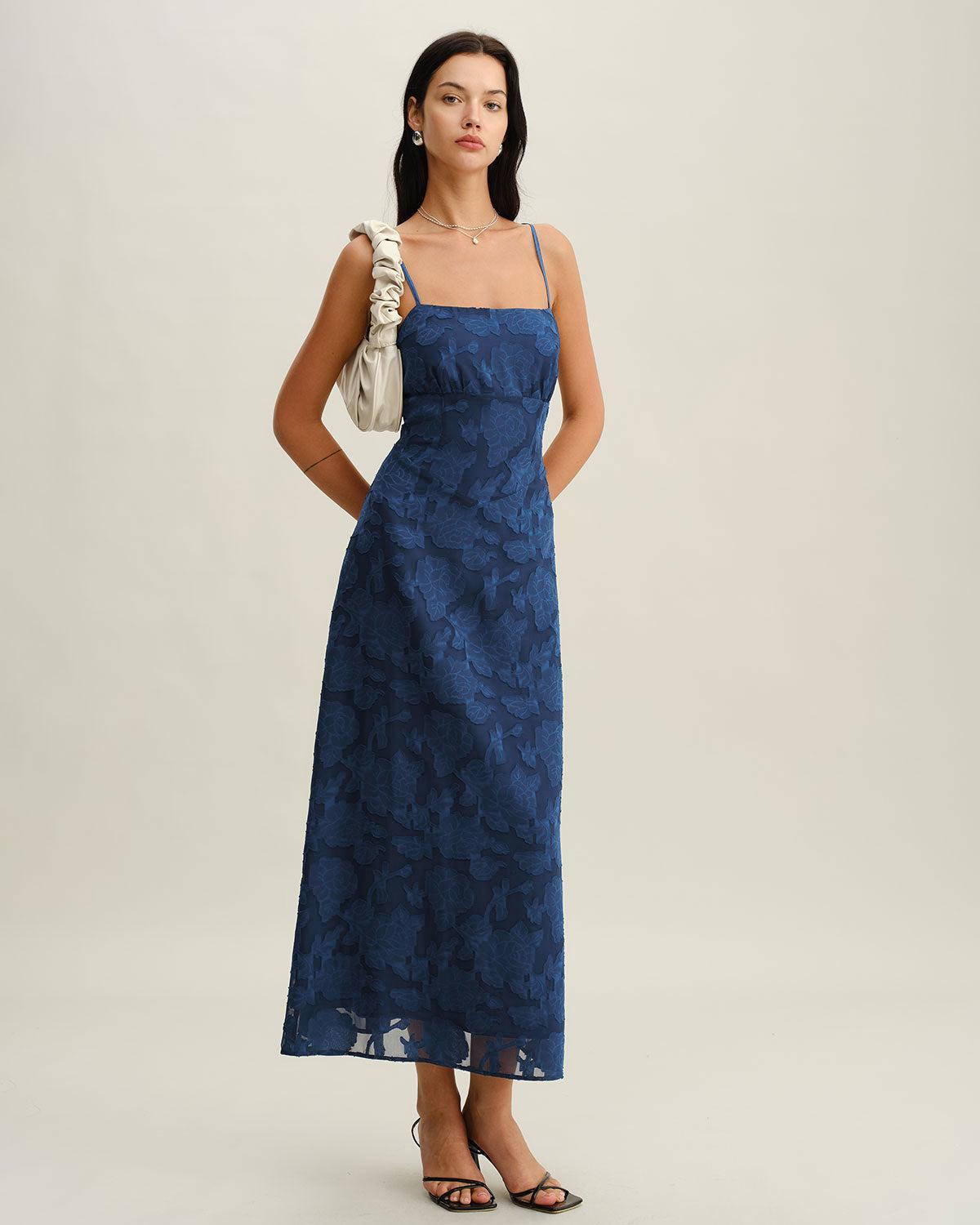 Navy Jacquard Slip Backless Maxi Dress Product Image