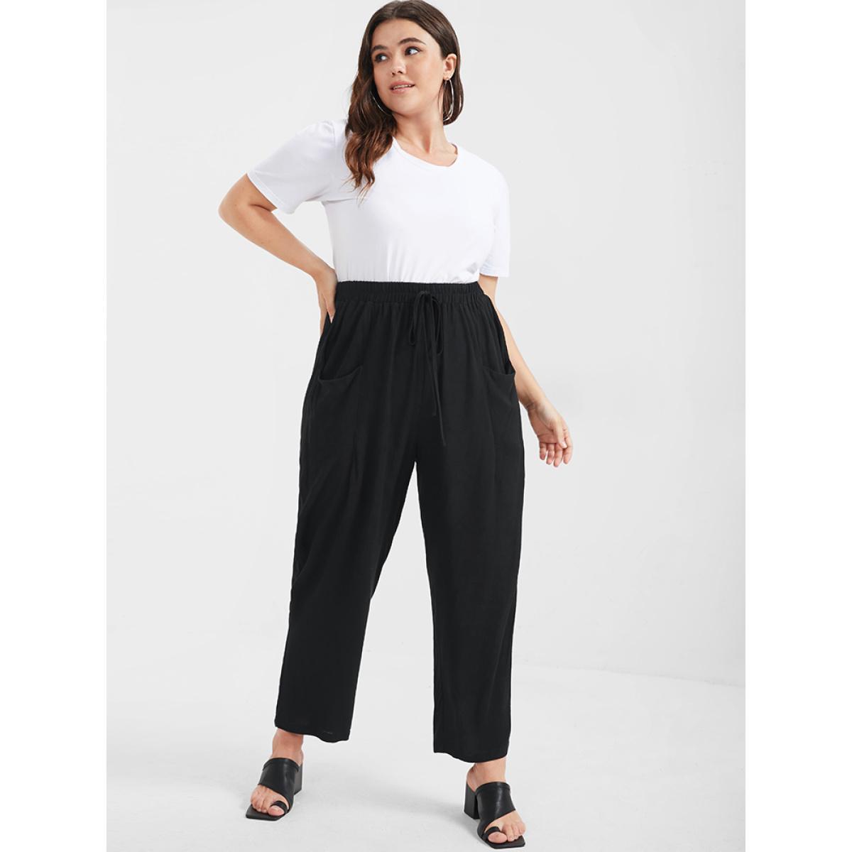 Plus Size Solid Ties Elastic Waist Pocket Pants Women Black Casual Harem High Rise Dailywear Pants BloomChic 10/M Product Image