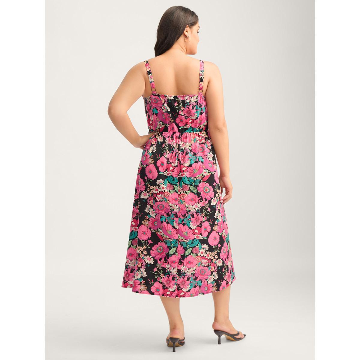 Plus Size Pleated Side Pockets Floral Midi Dress Black Women Tucked seam Non Sleeveless Curvy BloomChic 26/4X Product Image