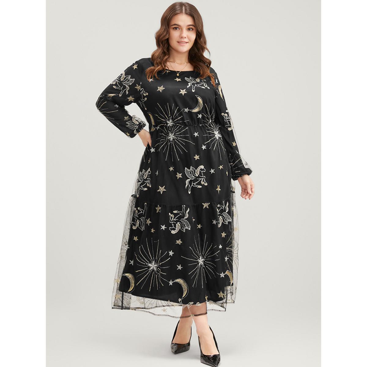Plus Size Moon And Star Pocket Lantern Sleeve Embroidered Mesh Dress Black Women Party Round Neck Long Sleeve Curvy Long Dress BloomChic 12/L Product Image