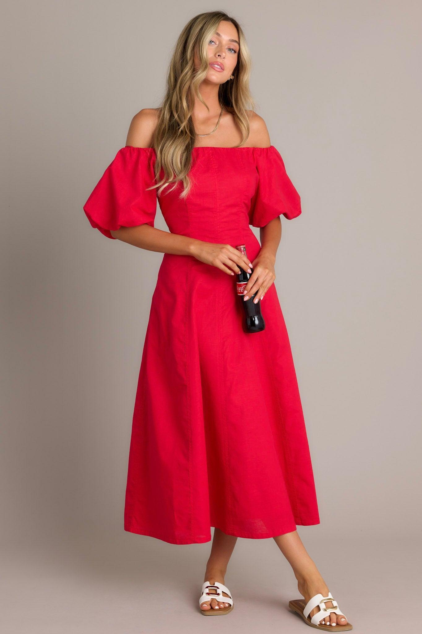 Cascade Couture Red Off Shoulder Midi Dress Product Image