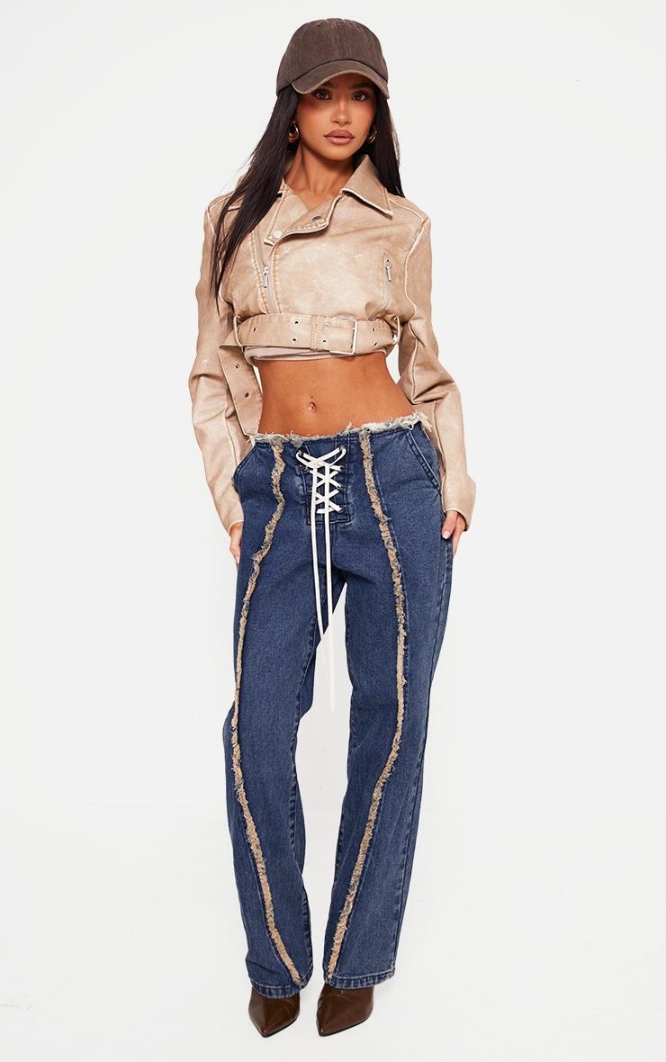 Petite Stone Faux Leather Super Cropped Belted Biker Jacket Product Image