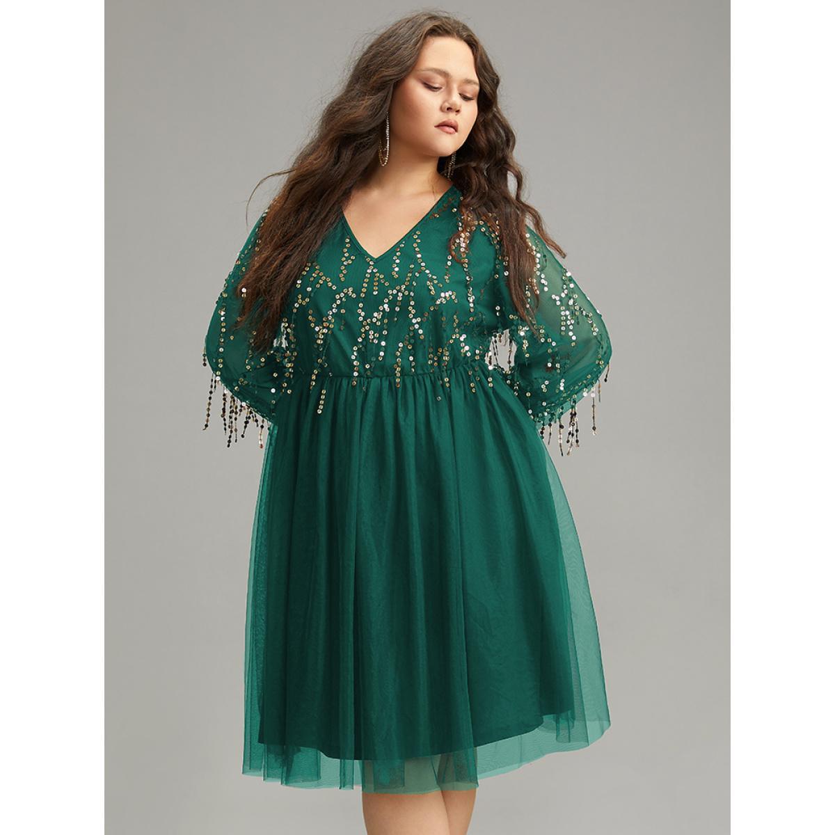 Plus Size Sequin Mesh Patchwork Tassel Dress Emerald Women Cocktail Gathered Overlap Collar Long Sleeve Curvy Knee Dress BloomChic 10/M Product Image