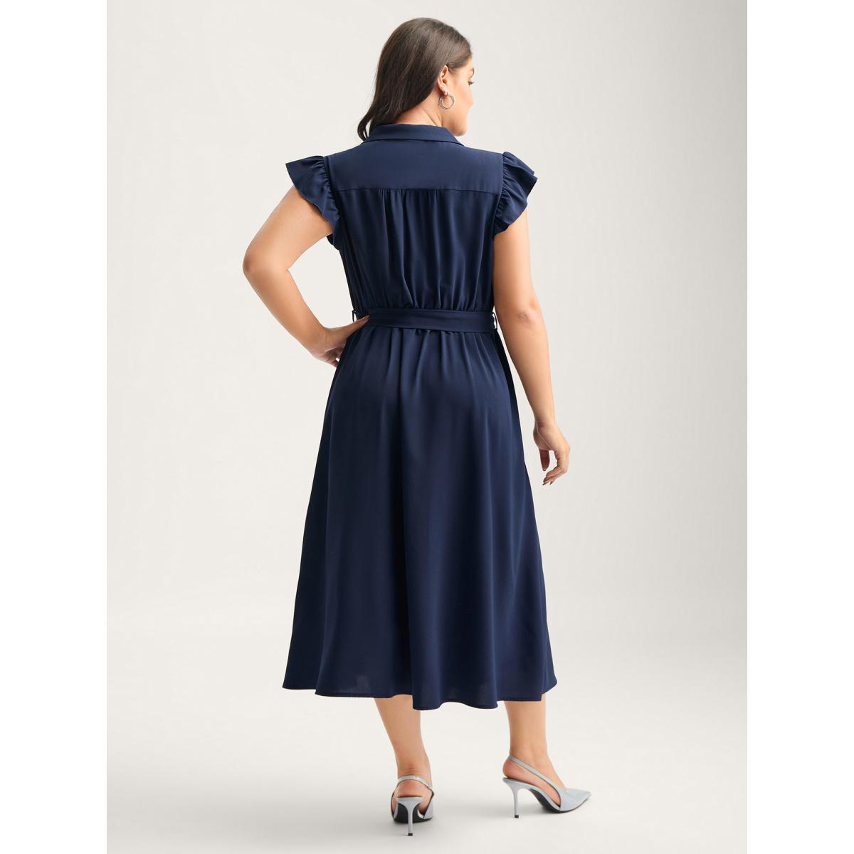Plus Size Flutter Sleeve Belted Shirt Dress DarkBlue Women Shirt collar Cap Sleeve Curvy BloomChic 28/5X Product Image