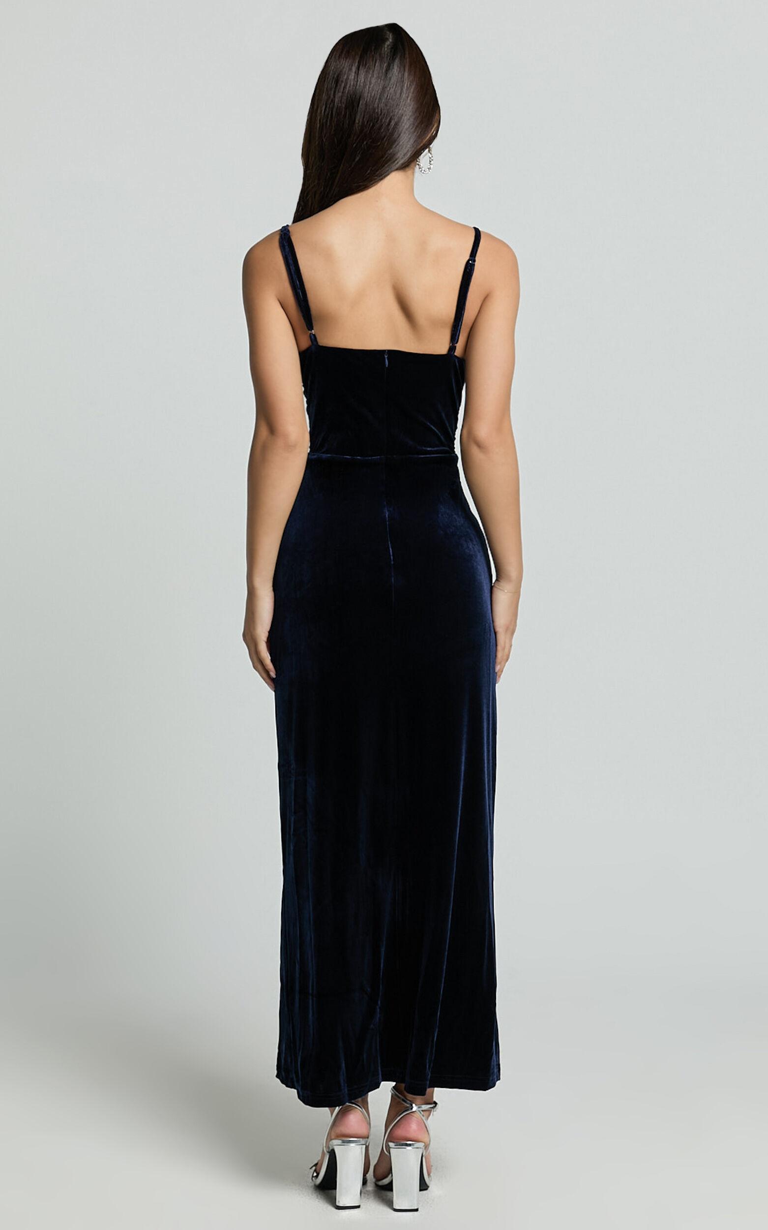 Rebecca Midi Dress - Front Twist Thigh Split Velvet Dress in Navy Product Image