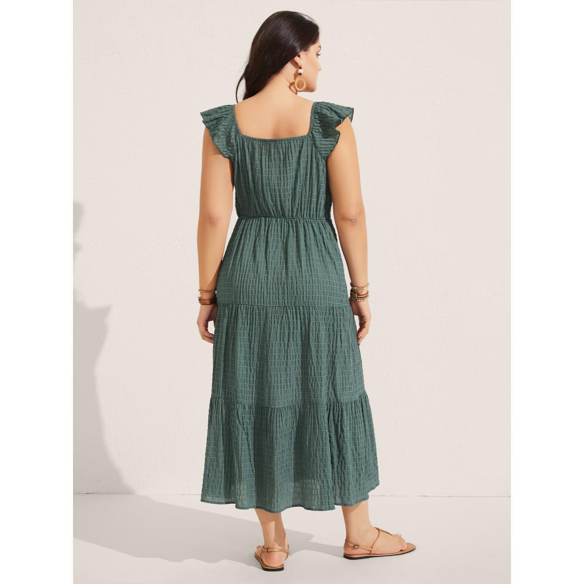 Plus Size Textured Ruffled Neck Pockets Midi Dress Emerald Women Square Neck Sleeveless Curvy BloomChic 14-16/1X Product Image