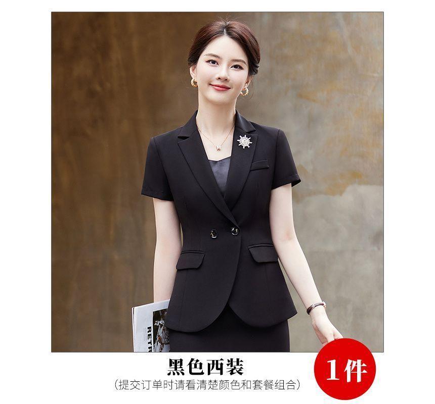 Short-Sleeve Notch Lapel Plain Double Breasted Blazer / High Rise Plain Mini Pencil Skirt / High Rise Cropped Tapered Suit Pants Product Image