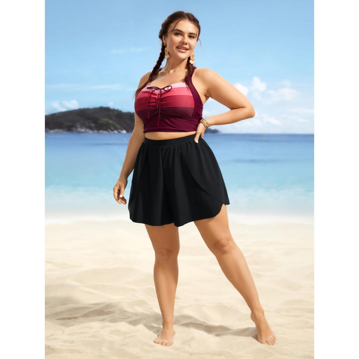 Plus Size Solid High Rise Overlapped Hem Swim Bottom Women's Swimwear Black Beach Overlapping High stretch Bodycon High Rise Curve Swim Bottoms BloomChic 28/5X Product Image