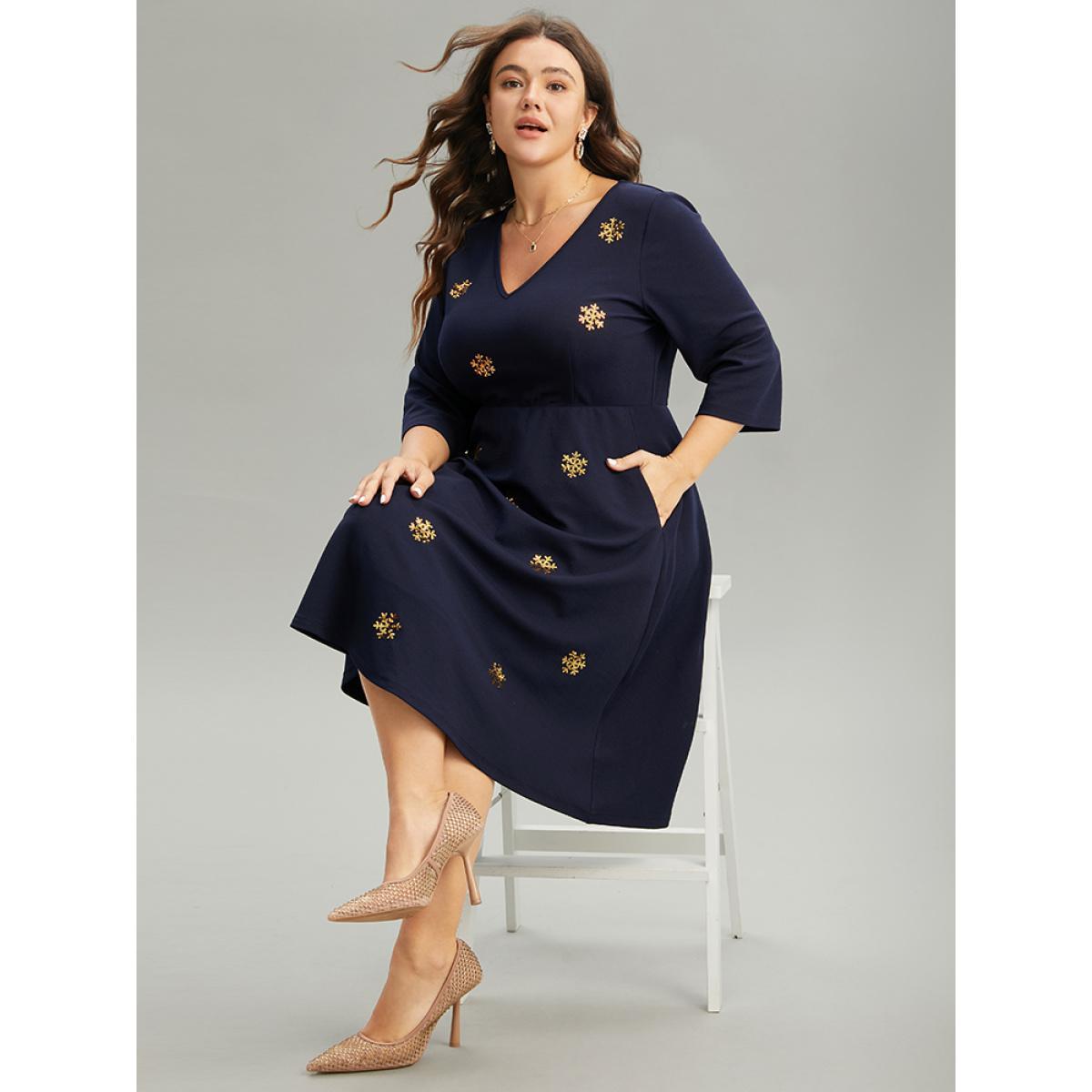 Plus Size Snowflake Sequin Embroidered Pocket Dress Midnight Women Party Sequin V-neck Elbow-length sleeve Curvy Midi Dress BloomChic 10/M Product Image