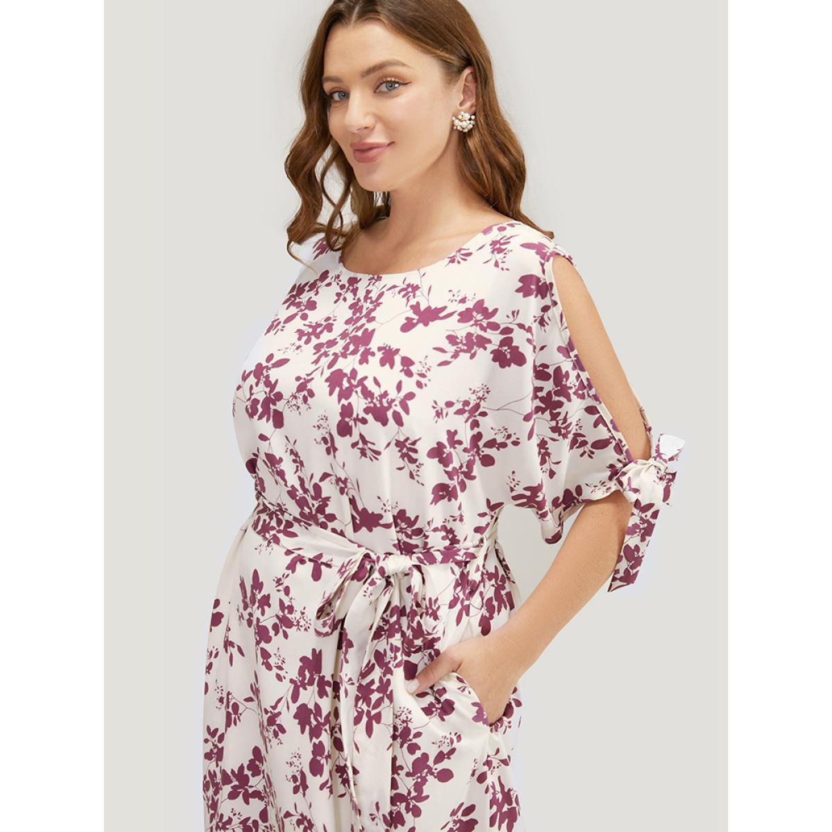 Plus Size Floral Cold Shoulder Pocket Belted Arc Hem Knotted Sleeve Dress Mauve Women Elegant Lined Cold Shoulder Short sleeve Curvy Midi Dress BloomChic 30/6X Product Image