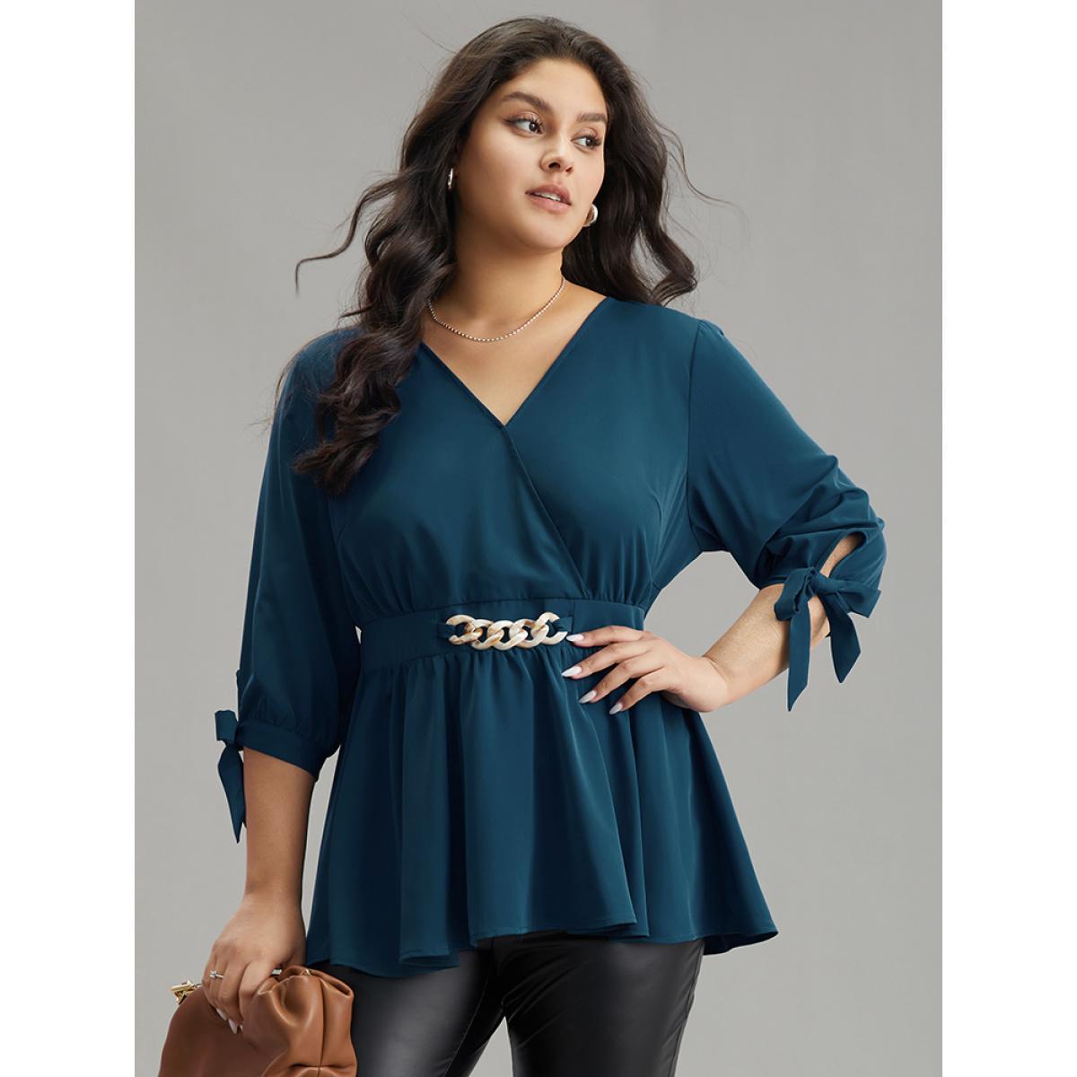 Plus Size Cyan Plain Bowknot Ties Buckle Detail Wrap Blouse Women Office Elbow-length sleeve V-neck Work Blouses BloomChic 22-24/3X Product Image
