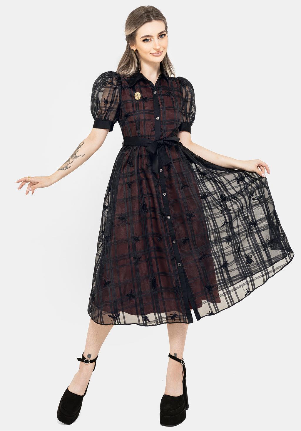 Sedona Organza Check Embroidered Puff Sleeve Midi Shirt Dress Product Image