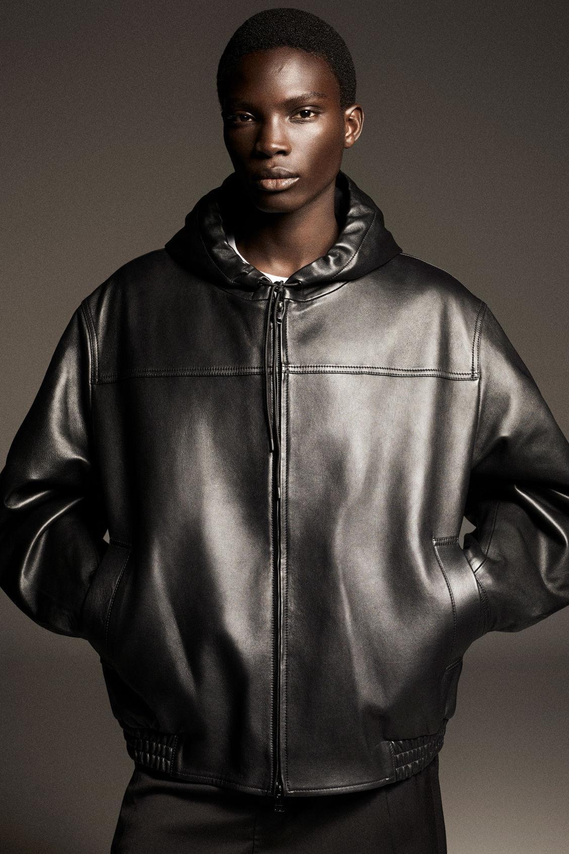 HOODED LEATHER BOMBER JACKET Product Image