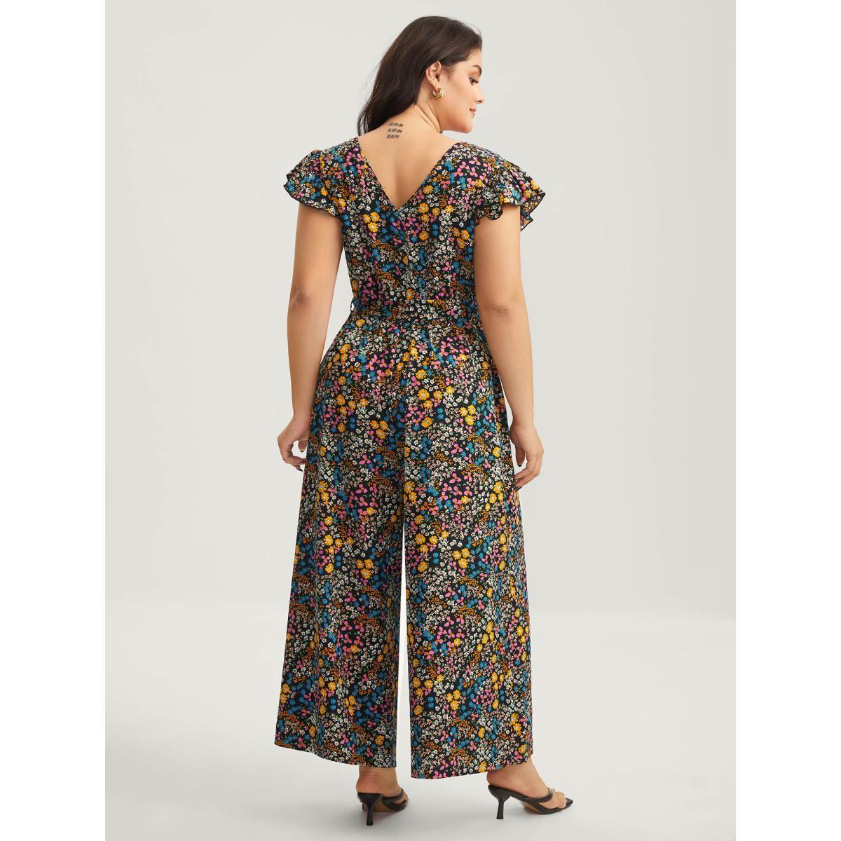 Plus Size Black Floral Print Belted Ruffled Sleeve Jumpsuit Women Cap Sleeve Overlap Collar Everyday-Elegant Loose Jumpsuits BloomChic 12/L Product Image