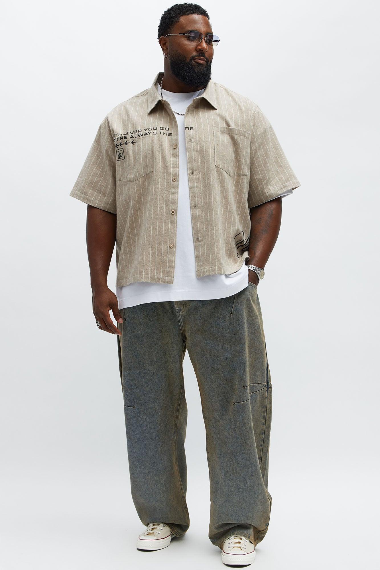 Worldwide Striped Cropped Button Up Shirt - Stone Product Image