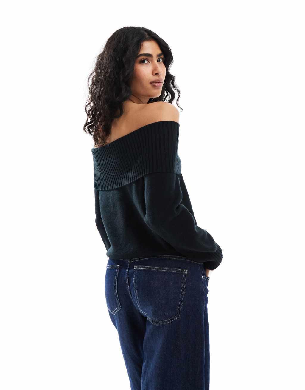 Stradivarius off the shoulder knitted top in black Product Image