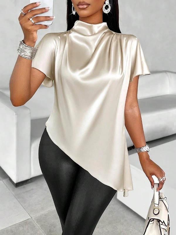 Loose Short Sleeves Asymmetric Solid Color Mock Neck Blouses&Shirts Tops Product Image