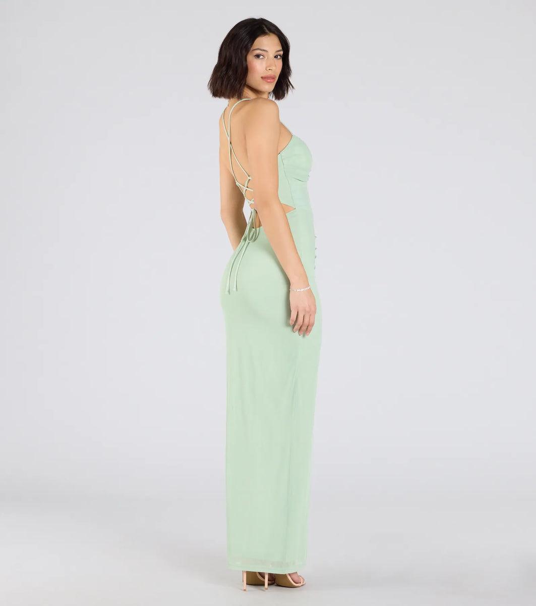 Chloe Lace-Up Ruched Slim Long Formal Dress Product Image