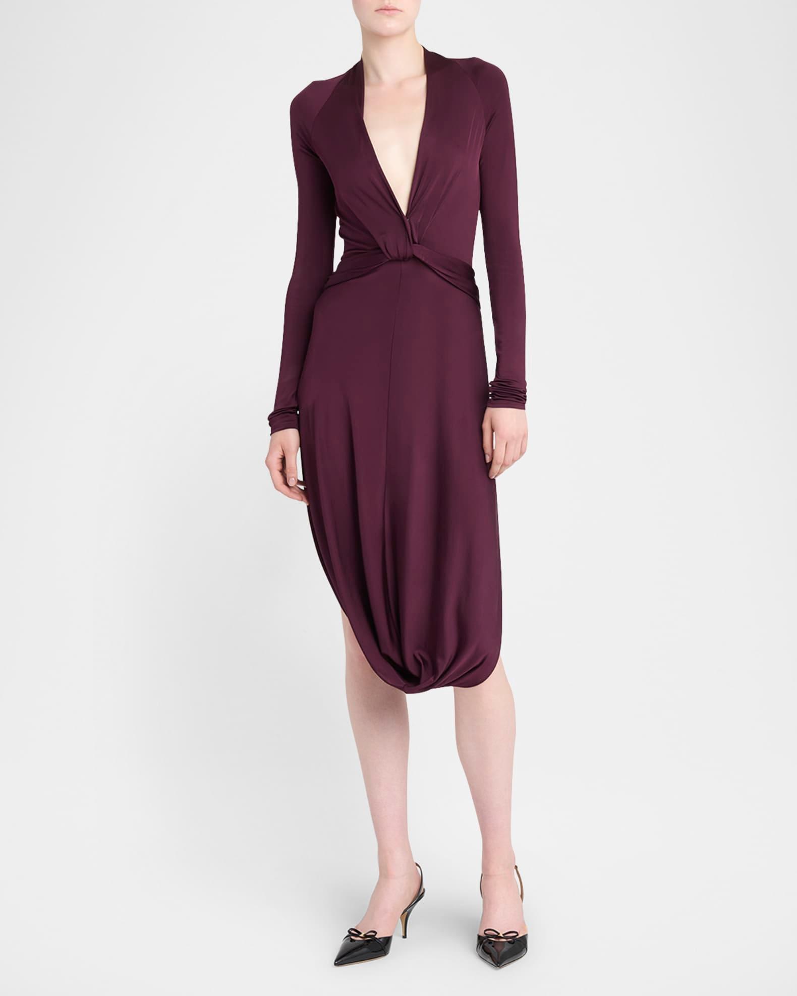 Plunging Draped Jersey Long-Sleeve Dress Product Image