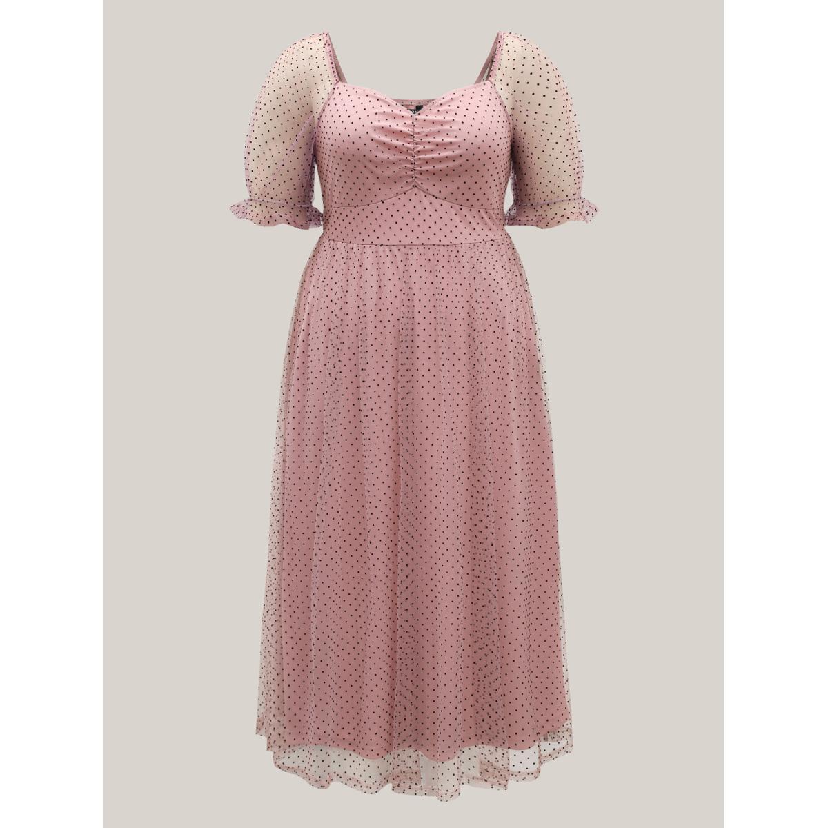 Plus Size Polka Dot Print Ruched Textured Midi Dress DustyPink Women Heart neckline Short sleeve Curvy BloomChic 12/L Product Image