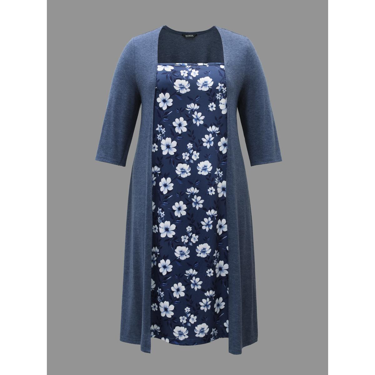 Plus Size 2-In-1 Square Neck Floral Dress DarkBlue Women Casual Patchwork Knit Dresses Bloomchic 26/4X Product Image